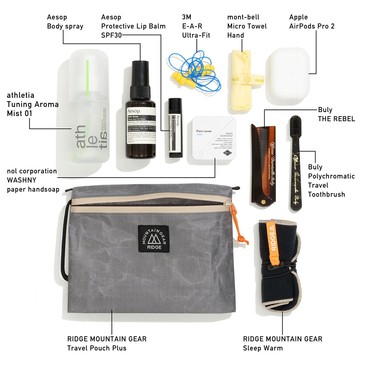 RIDGE MOUNTAIN GEAR Travel Pouch Plus トラベルポーチプラス 泊まりを想定した洗面用品の収納例（公式画像） - 山道具とULギアのお店 Ascend Lite