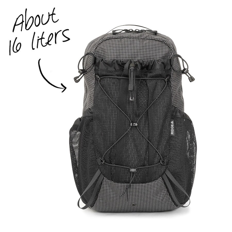 RIDGE MOUNTAIN GEAR One Mile MP ワンマイルMP 容量約16リットルを示す手書き注記入りの正面写真（公式画像） - 山道具とULギアのお店 Ascend Lite