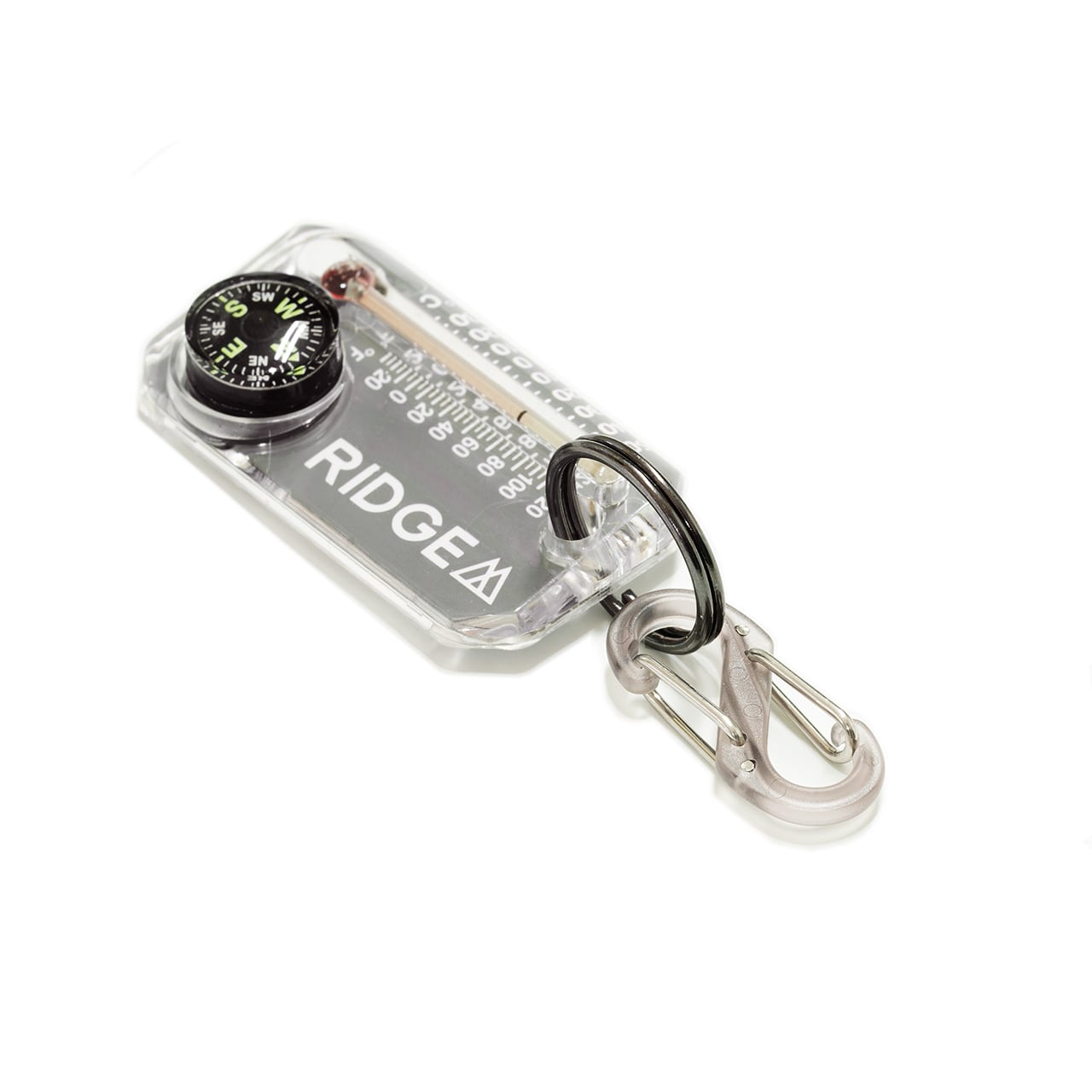 RIDGE MOUNTAIN GEAR Therm-o-compass サーモコンパス 本体をカラビナに取り付けたクローズアップ（公式画像） - 山道具とULギアのお店 Ascend Lite