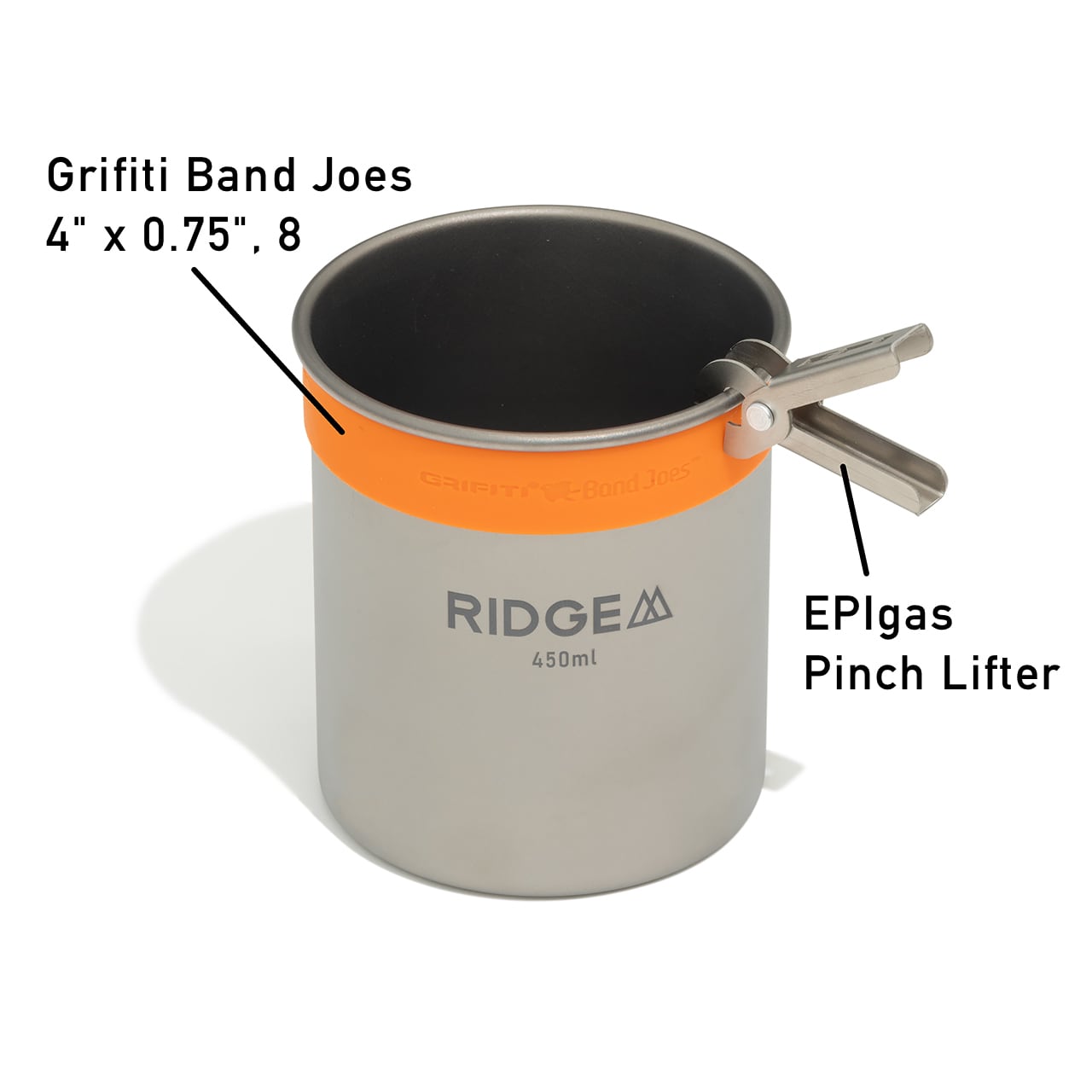 RIDGE MOUNTAIN GEAR Titanium Mug 450ml チタンマグ450ml 別売のシリコンバンドとリフターを併用した例（公式画像） - 山道具とULギアのお店 Ascend Lite