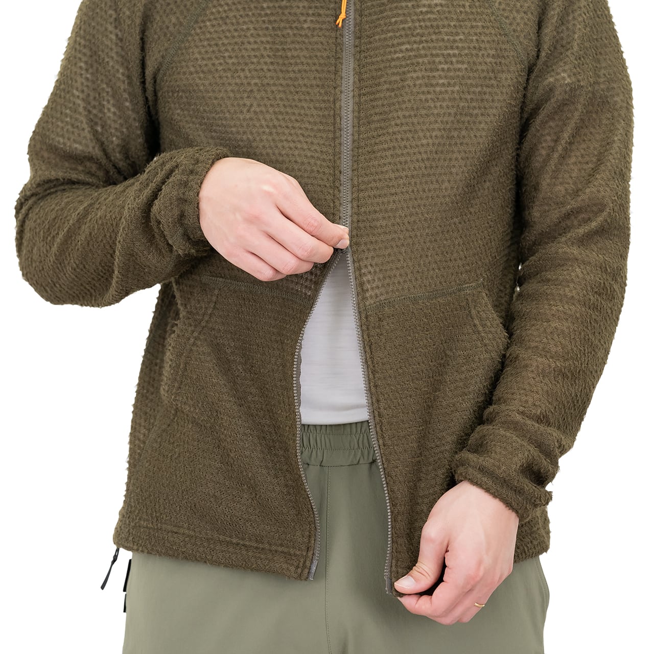 RIDGE MOUNTAIN GEAR Alpha Full Zip Hoodie アルファフルジップフーディ ダブルジップを下側から開けた状態（Forest Floor・公式画像） - 山道具とULギアのお店 Ascend Lite
