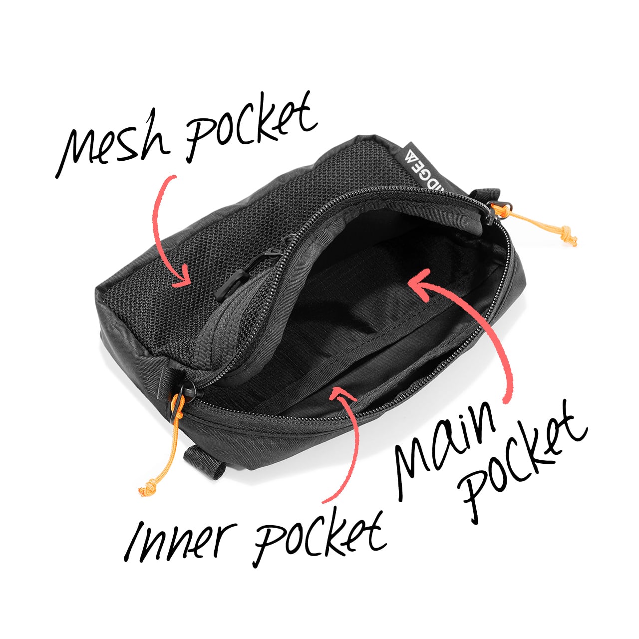 RIDGE MOUNTAIN GEAR Side Increase サイドインクリース 3つのポケット構成図（メイン・内・メッシュ）（公式画像） - 山道具とULギアのお店 Ascend Lite