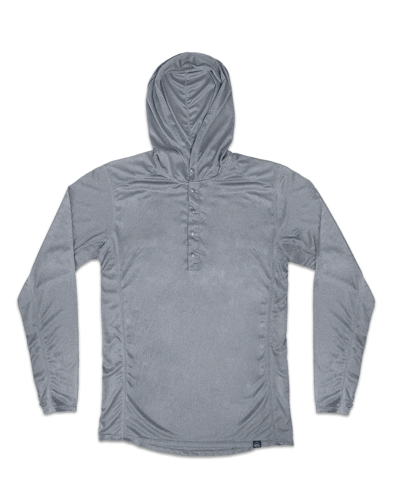Zpacks Trail Cool Sun Hoody トレイルクールサンフーディ Gray 平置きの前面全体。フード・胸元に並ぶスナップボタン5個・長袖・裾のZpacksロゴタグ（公式画像） - 山道具とULギアのお店 Ascend Lite