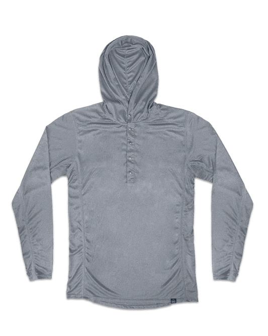 Zpacks Trail Cool Sun Hoody トレイルクールサンフーディ Gray 平置きの前面全体。フード・胸元に並ぶスナップボタン5個・長袖・裾のZpacksロゴタグ（公式画像） - 山道具とULギアのお店 Ascend Lite