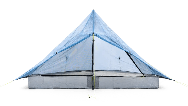 Zpacks Plex Solo Pro Tent プレックスソロプロテント Blue 正面全体 - ストームドアを左右に開き、中央のトレッキングポール1本とダブルLスクリーンドア、グレーのバスタブフロアが見える設営状態（公式画像） - 山道具とULギアのお店 Ascend Lite