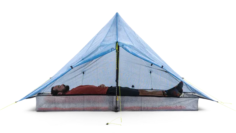 Zpacks Plex Solo Pro Tent プレックスソロプロテント Blue 側面全体 - マットの上に人が横になったフロア長の目安 - 山道具とULギアのお店 Ascend Lite