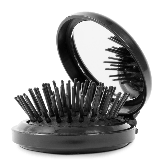 Zpacks Mini Hair Brush w/ Mirror ミニヘアブラシ（ミラー付き） ブラック - ブラシとミラーを開いた状態（公式画像） - 山道具とULギアのお店 Ascend Lite