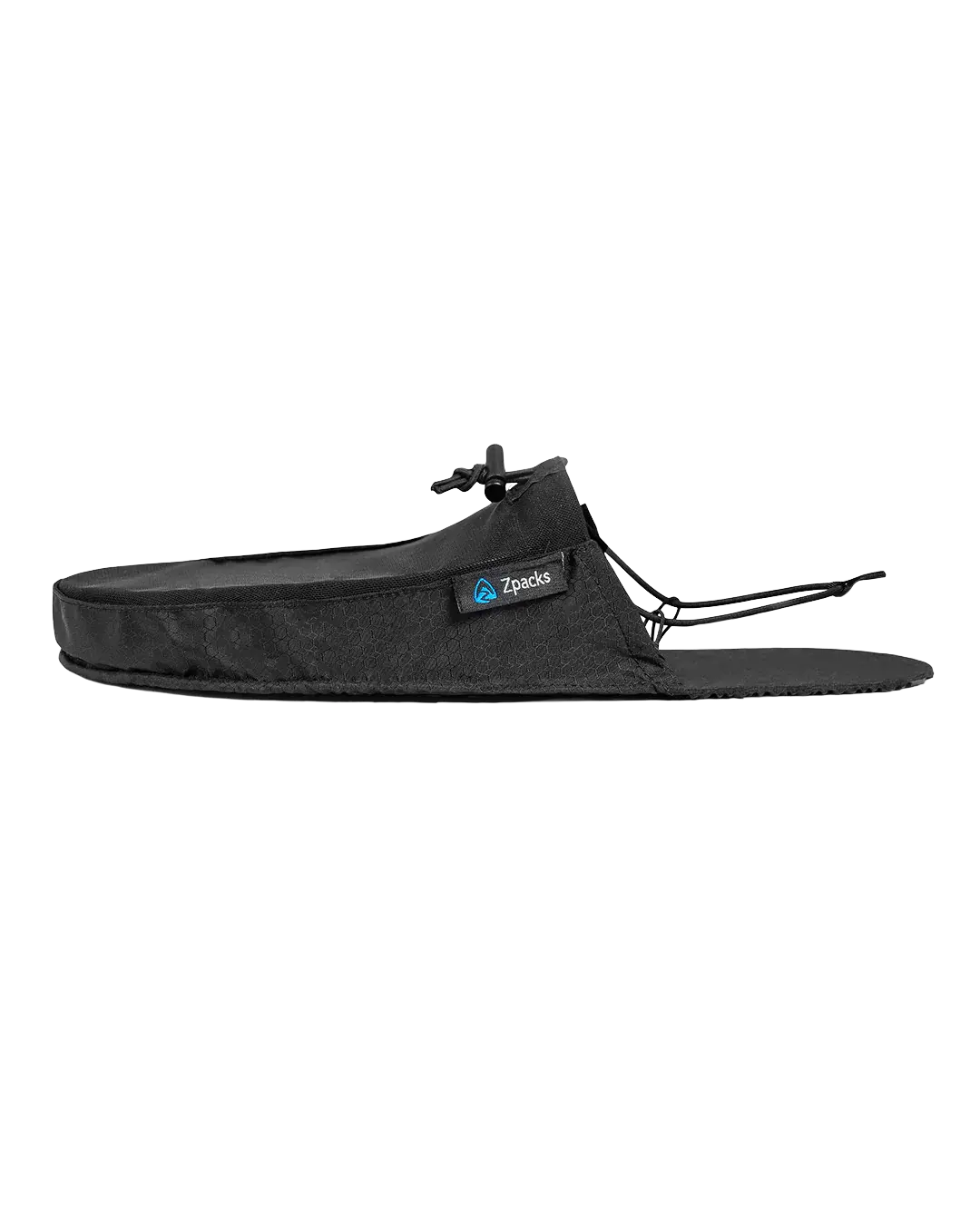 Zpacks Ultralight Camp Shoes ウルトラライトキャンプシューズ ジェットブラック 側面 - かかとを一周するショックコードとコードロックを伸ばした状態 - 山道具とULギアのお店 Ascend Lite
