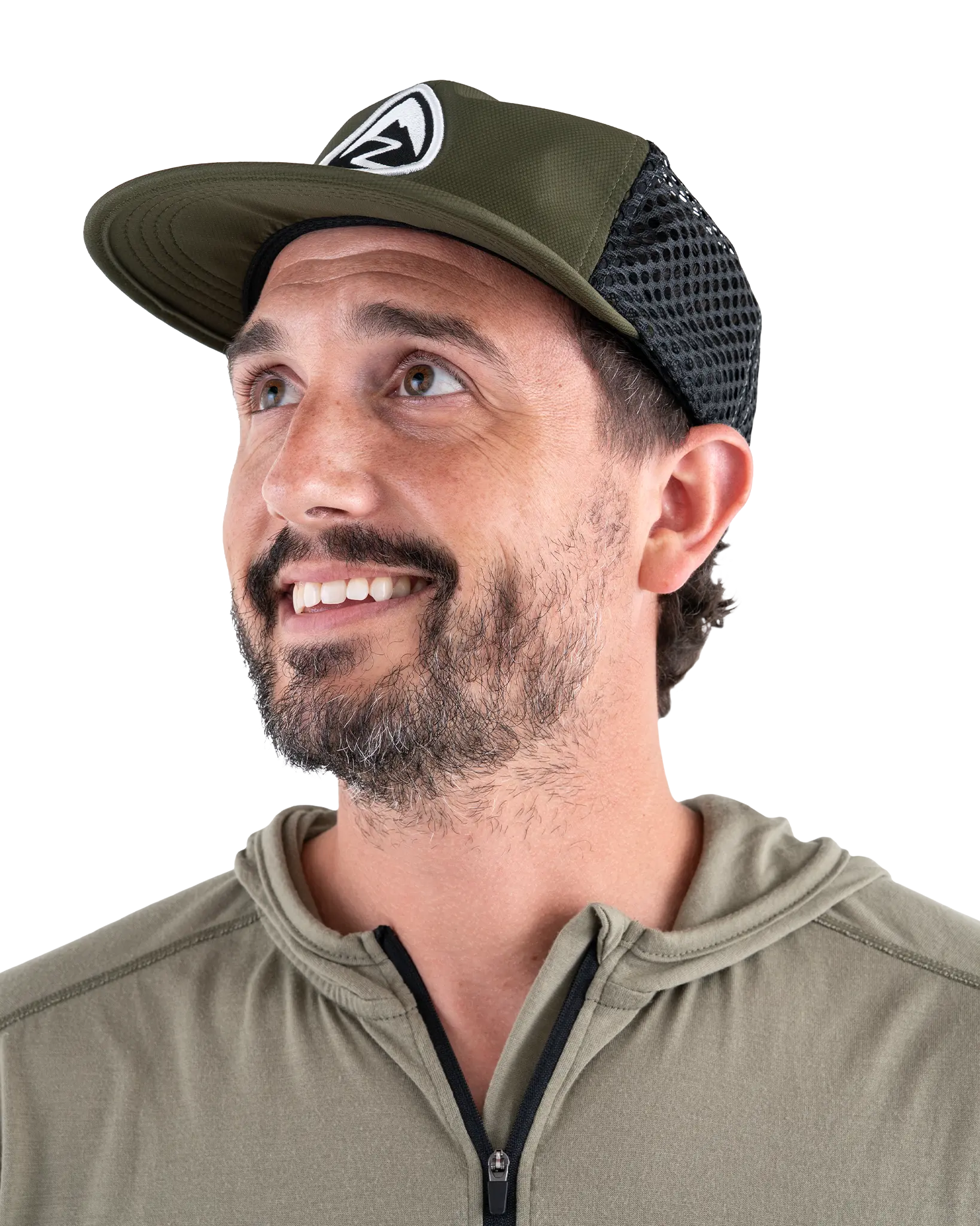 Zpacks Foldable Trail Hat フォルダブルトレイルハット Olive - 着用イメージ（男性・斜め前） - 山道具とULギアのお店 Ascend Lite