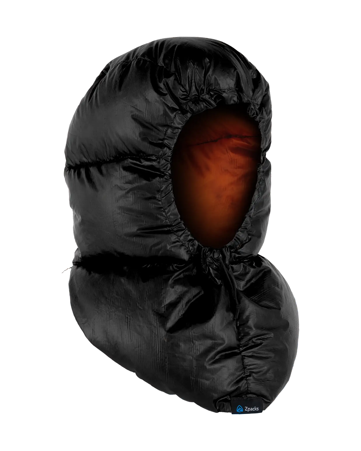 Zpacks Down Hood ダウンフード Black / Orange - ブラック面を外側にした斜め前の全体（公式画像） - 山道具とULギアのお店 Ascend Lite