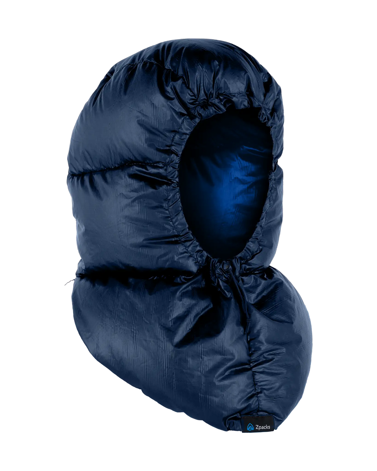 Zpacks Down Hood ダウンフード Navy / Azure Blue - ネイビー面を外側にした斜め前の全体（公式画像） - 山道具とULギアのお店 Ascend Lite