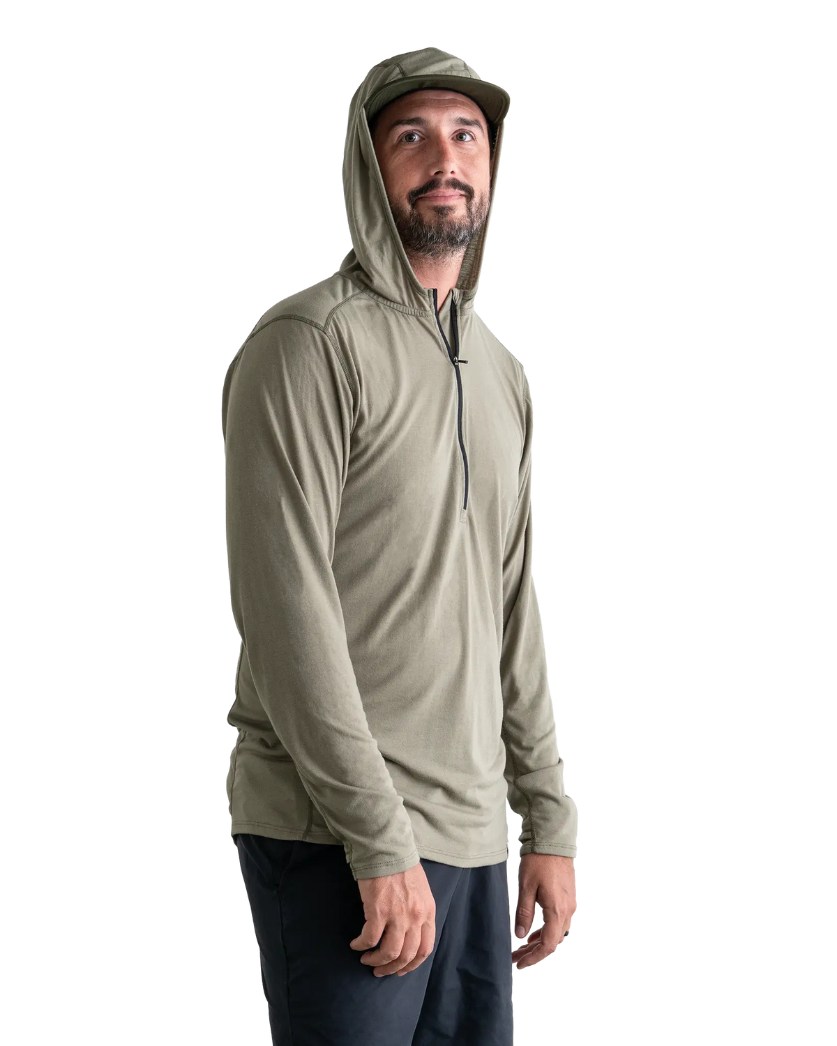 Zpacks Mirage Merino Sun Hoody ミラージュメリノサンフーディ Light Olive - 側面から見た着用（公式画像） - 山道具とULギアのお店 Ascend Lite