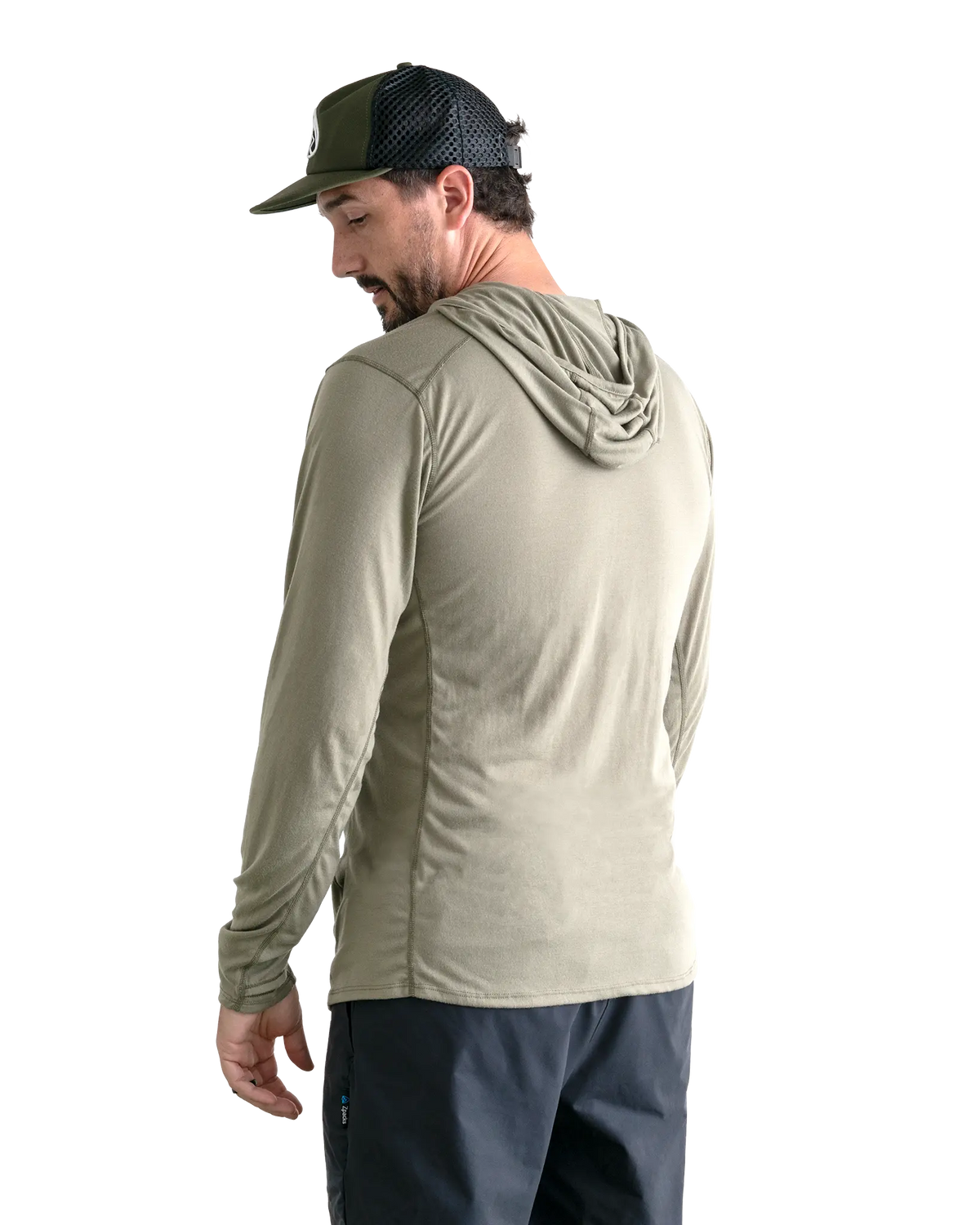 Zpacks Mirage Merino Sun Hoody ミラージュメリノサンフーディ Light Olive - 背面から見たフードと肩まわり（公式画像） - 山道具とULギアのお店 Ascend Lite