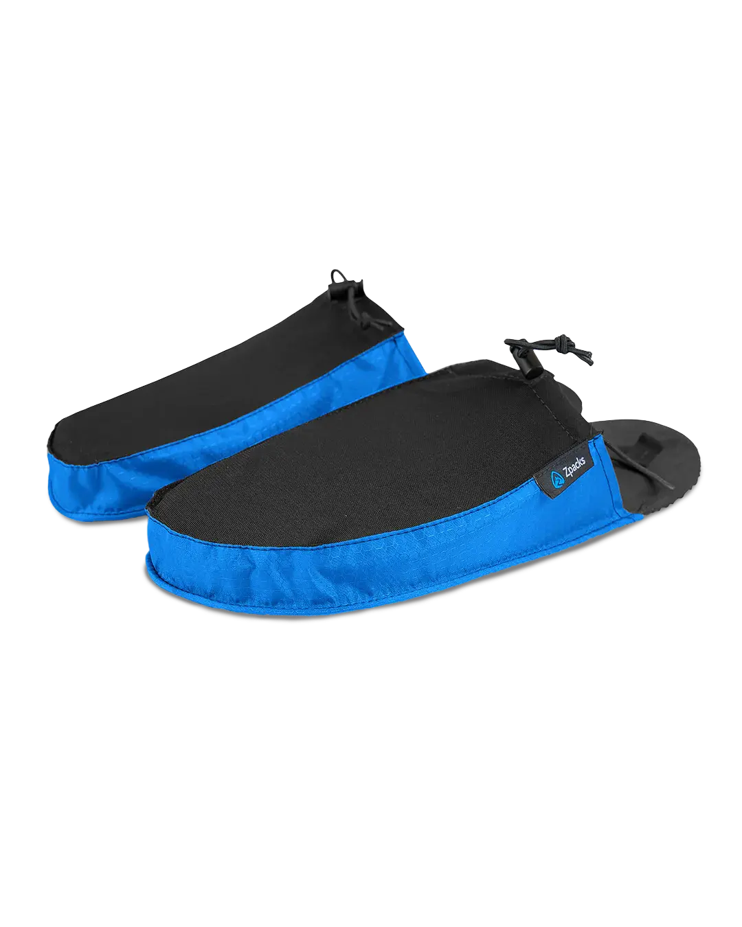 Zpacks Ultralight Camp Shoes ウルトラライトキャンプシューズ アズールブルー 斜め前から - つま先と側面のリップストップナイロンがブルー、甲はブラックのライクラ - 山道具とULギアのお店 Ascend Lite