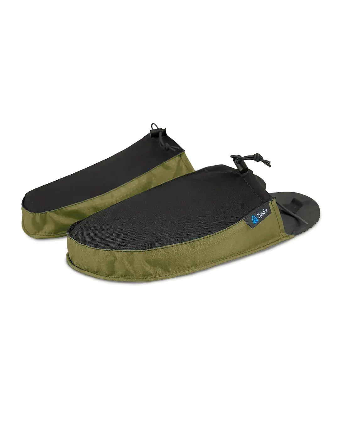 Zpacks Ultralight Camp Shoes ウルトラライトキャンプシューズ オリーブドラブ 斜め前から - つま先と側面のリップストップナイロンがオリーブ、甲はブラックのライクラ - 山道具とULギアのお店 Ascend Lite